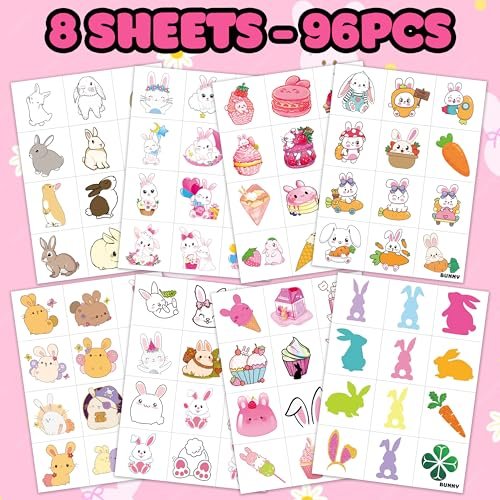 Bunny Pre-Cut Temporary Tattoos for Kids - 8 Sheets (96 PCS) Cute Rabbit Carrot Tattoo Stickers for Birthday Party Favors, Classroom Rewards, and Easter Basket Stuffers - görsel 4