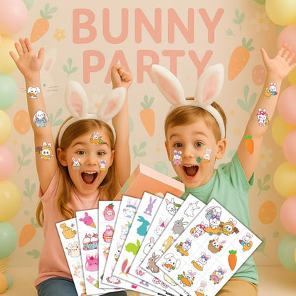 Bunny Pre-Cut Temporary Tattoos for Kids - 8 Sheets (96 PCS) Cute Rabbit Carrot Tattoo Stickers for Birthday Party Favors, Classroom Rewards, and Easter Basket Stuffers