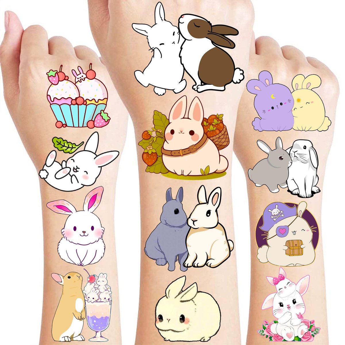 Bunny Pre-Cut Temporary Tattoos for Kids - 8 Sheets (96 PCS) Cute Rabbit Carrot Tattoo Stickers for Birthday Party Favors, Classroom Rewards, and Easter Basket Stuffers - görsel 1