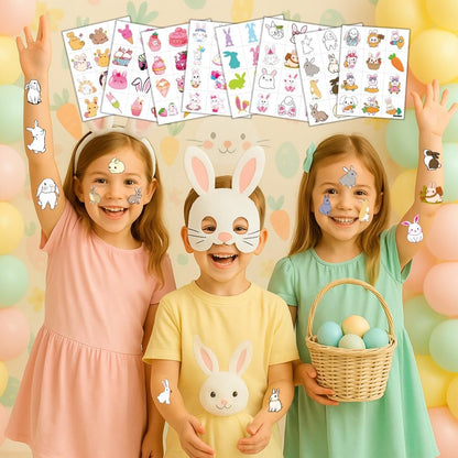 Bunny Pre-Cut Temporary Tattoos for Kids - 8 Sheets (96 PCS) Cute Rabbit Carrot Tattoo Stickers for Birthday Party Favors, Classroom Rewards, and Easter Basket Stuffers