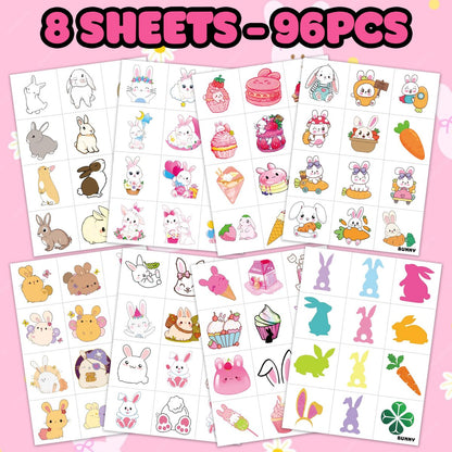 Bunny Pre-Cut Temporary Tattoos for Kids - 8 Sheets (96 PCS) Cute Rabbit Carrot Tattoo Stickers for Birthday Party Favors, Classroom Rewards, and Easter Basket Stuffers