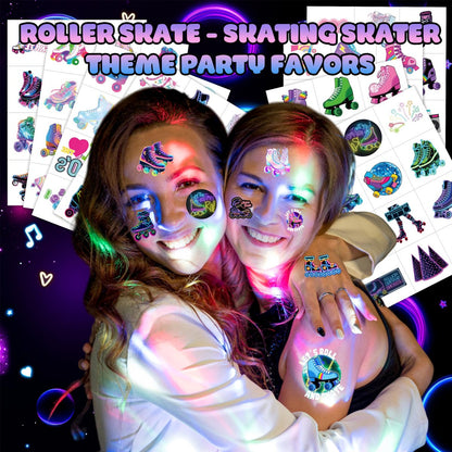 Neon Roller Skate Temporary Tattoos - 8 Sheets (96PCS) 80s 90s Theme Party Decorations Supplies Favors Stickers for Kids Girls Boys Gifts Classroom School Prizes Rewards