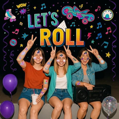 Neon Roller Skate Temporary Tattoos - 8 Sheets (96PCS) 80s 90s Theme Party Decorations Supplies Favors Stickers for Kids Girls Boys Gifts Classroom School Prizes Rewards