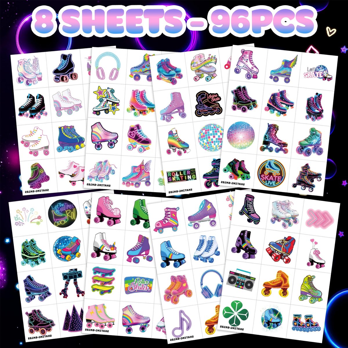 Neon Roller Skate Temporary Tattoos - 8 Sheets (96PCS) 80s 90s Theme Party Decorations Supplies Favors Stickers for Kids Girls Boys Gifts Classroom School Prizes Rewards - görsel 3