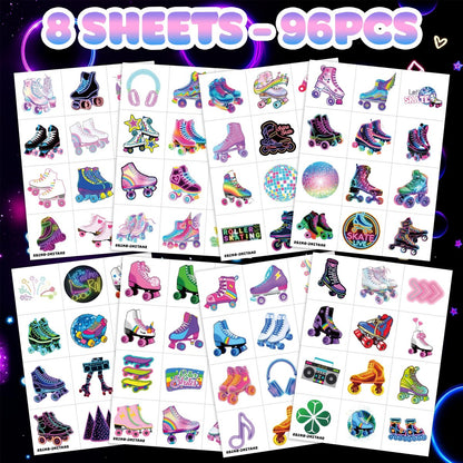 Neon Roller Skate Temporary Tattoos - 8 Sheets (96PCS) 80s 90s Theme Party Decorations Supplies Favors Stickers for Kids Girls Boys Gifts Classroom School Prizes Rewards