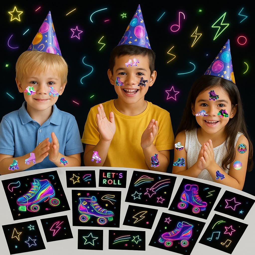 Neon Roller Skate Temporary Tattoos - 8 Sheets (96PCS) 80s 90s Theme Party Decorations Supplies Favors Stickers for Kids Girls Boys Gifts Classroom School Prizes Rewards - görsel 11