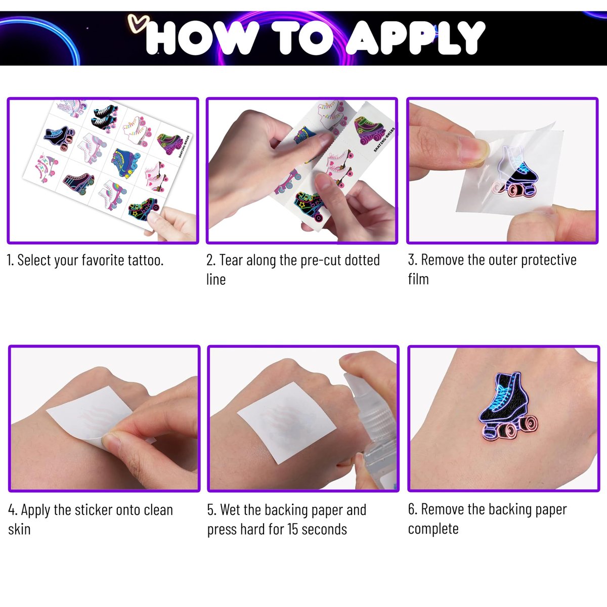 Neon Roller Skate Temporary Tattoos - 8 Sheets (96PCS) 80s 90s Theme Party Decorations Supplies Favors Stickers for Kids Girls Boys Gifts Classroom School Prizes Rewards - görsel 9