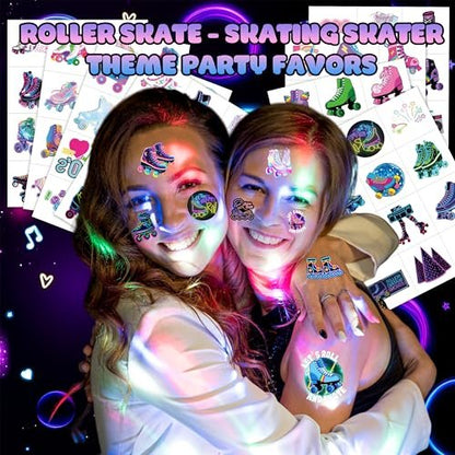 Neon Roller Skate Temporary Tattoos - 8 Sheets (96PCS) 80s 90s Theme Party Decorations Supplies Favors Stickers for Kids Girls Boys Gifts Classroom School Prizes Rewards