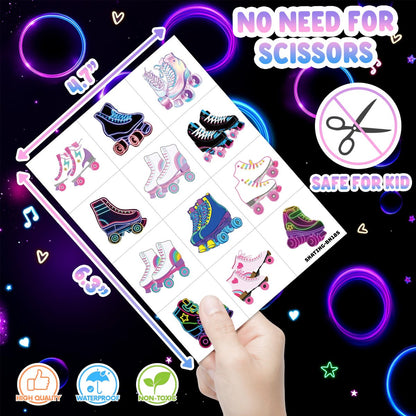 Neon Roller Skate Temporary Tattoos - 8 Sheets (96PCS) 80s 90s Theme Party Decorations Supplies Favors Stickers for Kids Girls Boys Gifts Classroom School Prizes Rewards