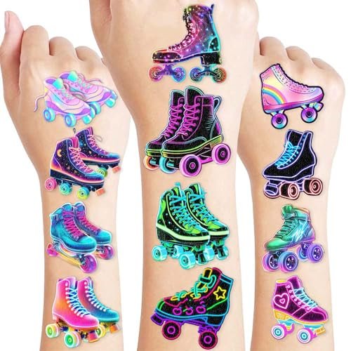 Neon Roller Skate Temporary Tattoos - 8 Sheets (96PCS) 80s 90s Theme Party Decorations Supplies Favors Stickers for Kids Girls Boys Gifts Classroom School Prizes Rewards - görsel 2