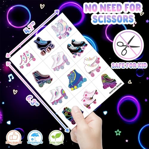 Neon Roller Skate Temporary Tattoos - 8 Sheets (96PCS) 80s 90s Theme Party Decorations Supplies Favors Stickers for Kids Girls Boys Gifts Classroom School Prizes Rewards - görsel 8