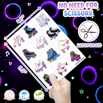 Neon Roller Skate Temporary Tattoos - 8 Sheets (96PCS) 80s 90s Theme Party Decorations Supplies Favors Stickers for Kids Girls Boys Gifts Classroom School Prizes Rewards