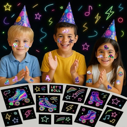 Neon Roller Skate Temporary Tattoos - 8 Sheets (96PCS) 80s 90s Theme Party Decorations Supplies Favors Stickers for Kids Girls Boys Gifts Classroom School Prizes Rewards