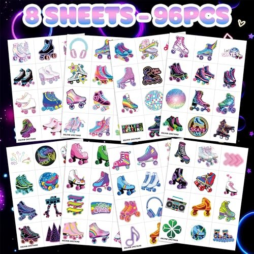 Neon Roller Skate Temporary Tattoos - 8 Sheets (96PCS) 80s 90s Theme Party Decorations Supplies Favors Stickers for Kids Girls Boys Gifts Classroom School Prizes Rewards - görsel 4