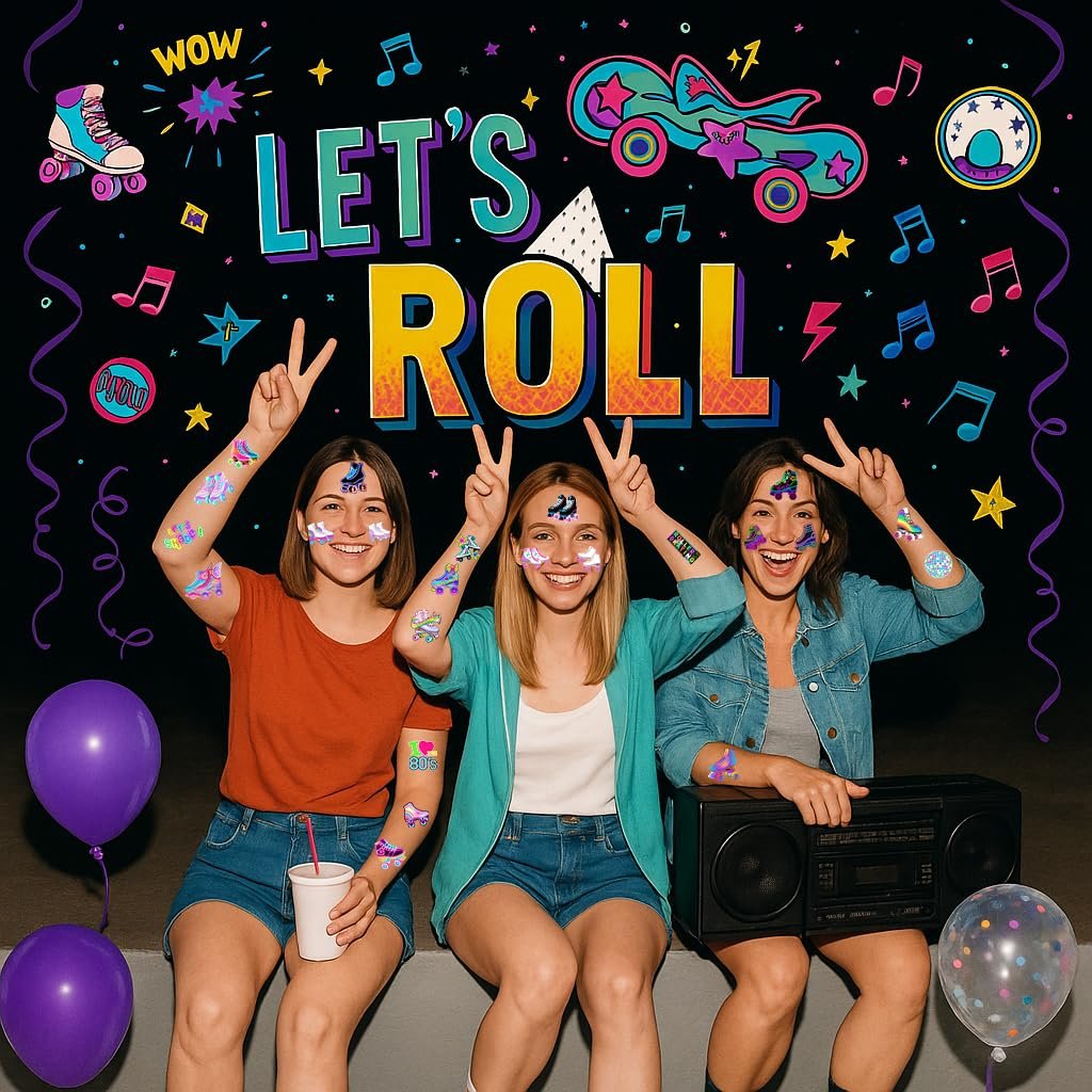Neon Roller Skate Temporary Tattoos - 8 Sheets (96PCS) 80s 90s Theme Party Decorations Supplies Favors Stickers for Kids Girls Boys Gifts Classroom School Prizes Rewards - görsel 13