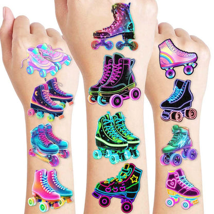 Neon Roller Skate Temporary Tattoos - 8 Sheets (96PCS) 80s 90s Theme Party Decorations Supplies Favors Stickers for Kids Girls Boys Gifts Classroom School Prizes Rewards