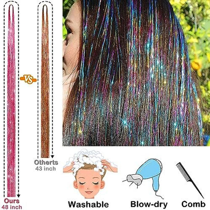 GrennMauler Hair Tinsel Kit – 24 Colors, 6000 Strands (48 Inch) with Tools, Heat Resistant Glitter Hair Extensions for Women Avelisse