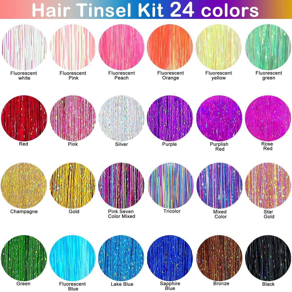 GrennMauler Hair Tinsel Kit – 24 Colors, 6000 Strands (48 Inch) with Tools, Heat Resistant Glitter Hair Extensions for Women Avelisse