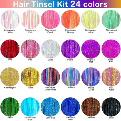 GrennMauler Hair Tinsel Kit – 24 Colors, 6000 Strands (48 Inch) with Tools, Heat Resistant Glitter Hair Extensions for Women Avelisse