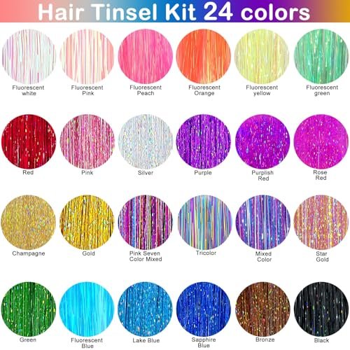 GrennMauler Hair Tinsel Kit – 24 Colors, 6000 Strands (48 Inch) with Tools, Heat Resistant Glitter Hair Extensions for Women Avelisse