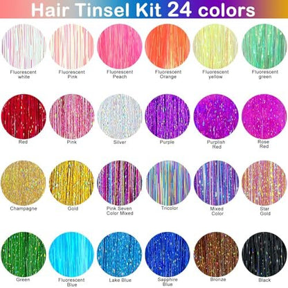 GrennMauler Hair Tinsel Kit – 24 Colors, 6000 Strands (48 Inch) with Tools, Heat Resistant Glitter Hair Extensions for Women Avelisse