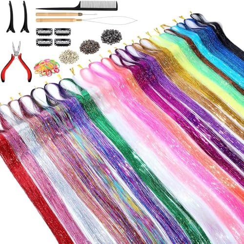 GrennMauler Hair Tinsel Kit – 24 Colors, 6000 Strands (48 Inch) with Tools, Heat Resistant Glitter Hair Extensions for Women Avelisse