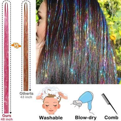 GrennMauler Hair Tinsel Kit – 24 Colors, 6000 Strands (48 Inch) with Tools, Heat Resistant Glitter Hair Extensions for Women Avelisse