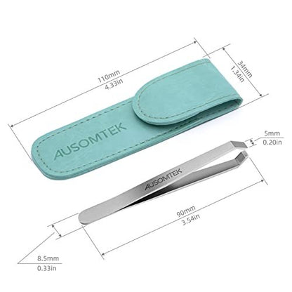 AUSOMTEK Precision Stainless Steel Beard Tweezers with 5mm Slant Tip - Cyan PU Case - Perfect for White Hair Plucking, Fine Hair Removal & Eyebrow Shaping Avelisse