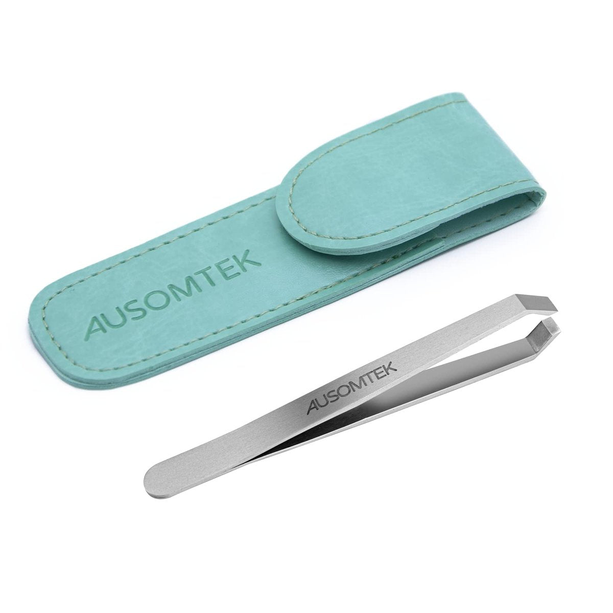 AUSOMTEK Precision Stainless Steel Beard Tweezers with 5mm Slant Tip - Cyan PU Case - Perfect for White Hair Plucking, Fine Hair Removal & Eyebrow Shaping Avelisse