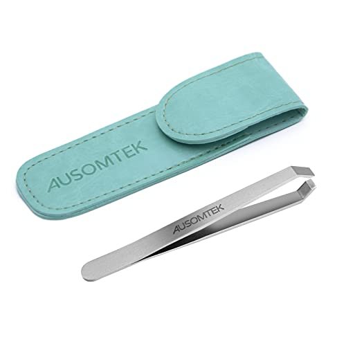 AUSOMTEK Precision Stainless Steel Beard Tweezers with 5mm Slant Tip - Cyan PU Case - Perfect for White Hair Plucking, Fine Hair Removal & Eyebrow Shaping Avelisse