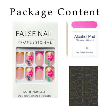SOOZEE French Tip Press on Nails Short Square - Nude Pink with Flower Designs, Acrylic Fake Nails for Women