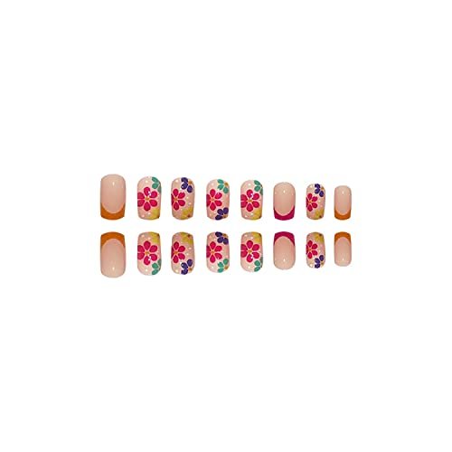 SOOZEE French Tip Press on Nails Short Square - Nude Pink with Flower Designs, Acrylic Fake Nails for Women - görsel 6