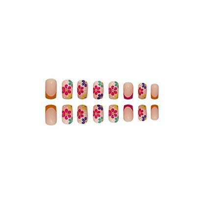 SOOZEE French Tip Press on Nails Short Square - Nude Pink with Flower Designs, Acrylic Fake Nails for Women
