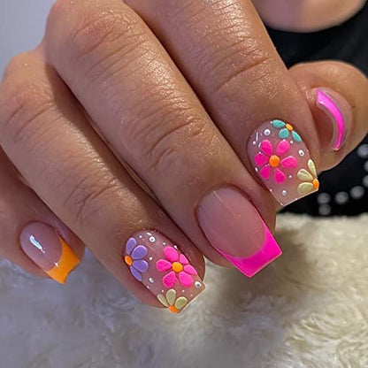 SOOZEE French Tip Press on Nails Short Square - Nude Pink with Flower Designs, Acrylic Fake Nails for Women