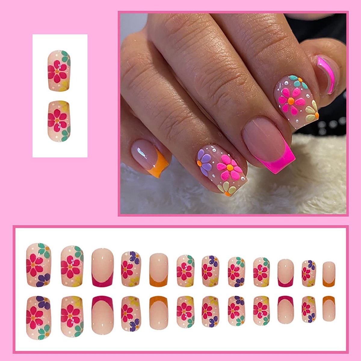 SOOZEE French Tip Press on Nails Short Square - Nude Pink with Flower Designs, Acrylic Fake Nails for Women - görsel 3