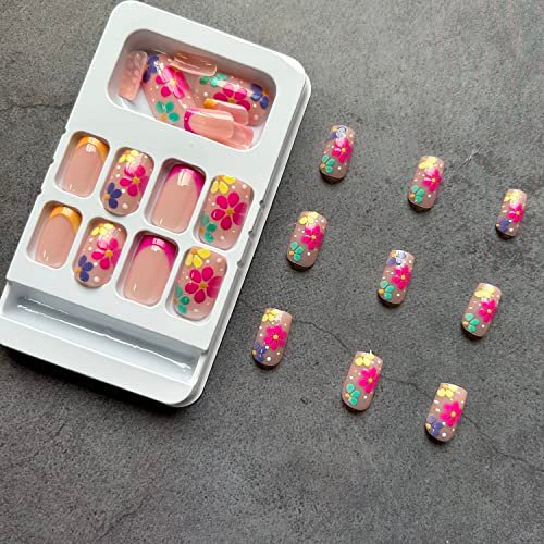 SOOZEE French Tip Press on Nails Short Square - Nude Pink with Flower Designs, Acrylic Fake Nails for Women - görsel 12