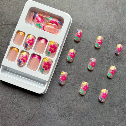 SOOZEE French Tip Press on Nails Short Square - Nude Pink with Flower Designs, Acrylic Fake Nails for Women