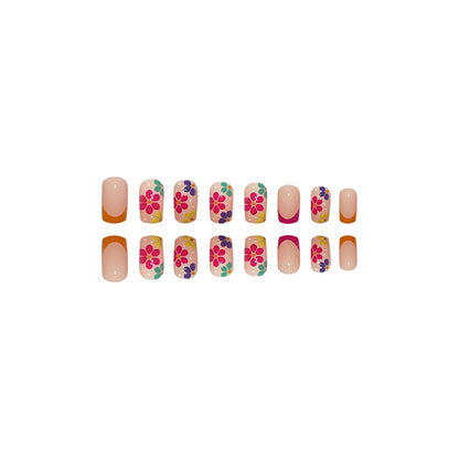SOOZEE French Tip Press on Nails Short Square - Nude Pink with Flower Designs, Acrylic Fake Nails for Women