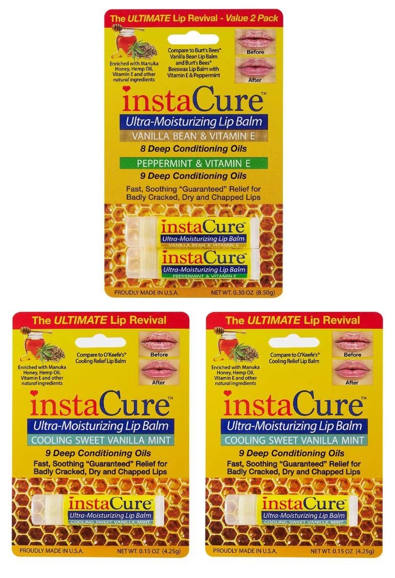 InstaCure 4-Pack Lip Balm Set: Vanilla Bean & Vitamin E, Peppermint & Vitamin E, Sweet Vanilla Mint Lip Repair with Manuka Honey – Ultra-Moisturizing Lip Balm for Chapped, Dry & Cracked Lips - görsel 1
