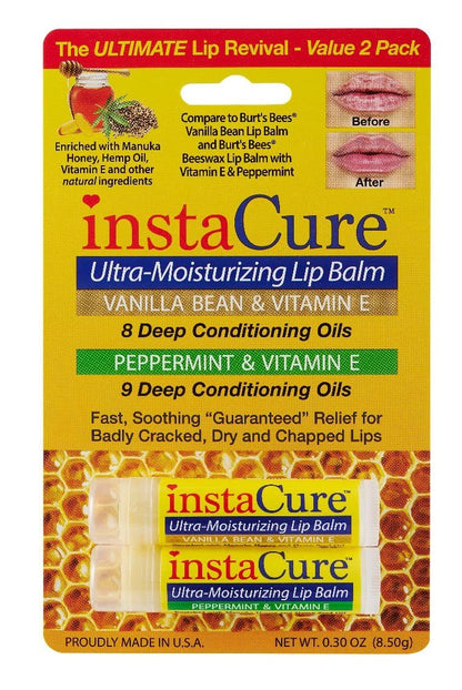 InstaCure 4-Pack Lip Balm Set: Vanilla Bean & Vitamin E, Peppermint & Vitamin E, Sweet Vanilla Mint Lip Repair with Manuka Honey – Ultra-Moisturizing Lip Balm for Chapped, Dry & Cracked Lips