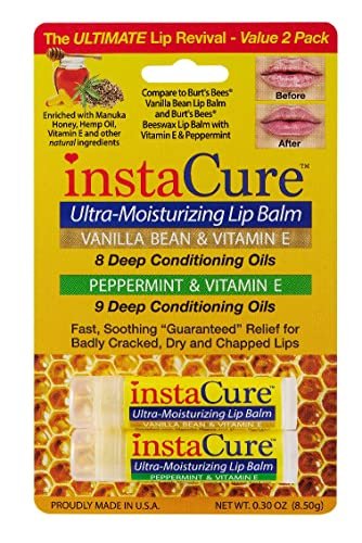 InstaCure 4-Pack Lip Balm Set: Vanilla Bean & Vitamin E, Peppermint & Vitamin E, Sweet Vanilla Mint Lip Repair with Manuka Honey – Ultra-Moisturizing Lip Balm for Chapped, Dry & Cracked Lips