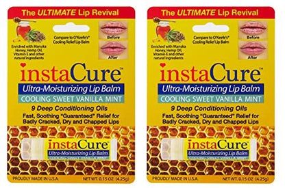 InstaCure 4-Pack Lip Balm Set: Vanilla Bean & Vitamin E, Peppermint & Vitamin E, Sweet Vanilla Mint Lip Repair with Manuka Honey – Ultra-Moisturizing Lip Balm for Chapped, Dry & Cracked Lips