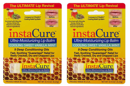 InstaCure 4-Pack Lip Balm Set: Vanilla Bean & Vitamin E, Peppermint & Vitamin E, Sweet Vanilla Mint Lip Repair with Manuka Honey – Ultra-Moisturizing Lip Balm for Chapped, Dry & Cracked Lips