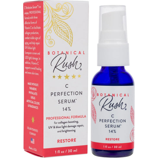 Botanical Rush C Perfection Vitamin C Serum – 14% Vitamin C Complex with Vitamin E – Brightening, Dark Spot & Collagen Support Serum for Radiant Face & Neck – 1 fl oz