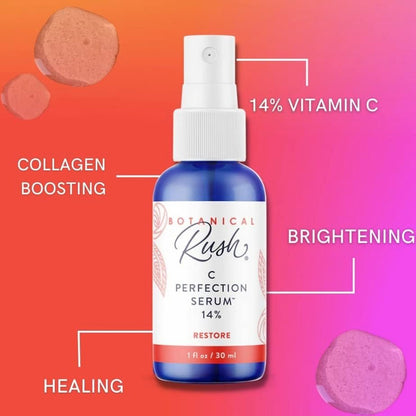 Botanical Rush C Perfection Vitamin C Serum – 14% Vitamin C Complex with Vitamin E – Brightening, Dark Spot & Collagen Support Serum for Radiant Face & Neck – 1 fl oz