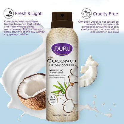 Duru Coconut Moisturizing Spray Lotion - 48 Hour Moisture Body Lotion with Coconut Oil, 5 oz