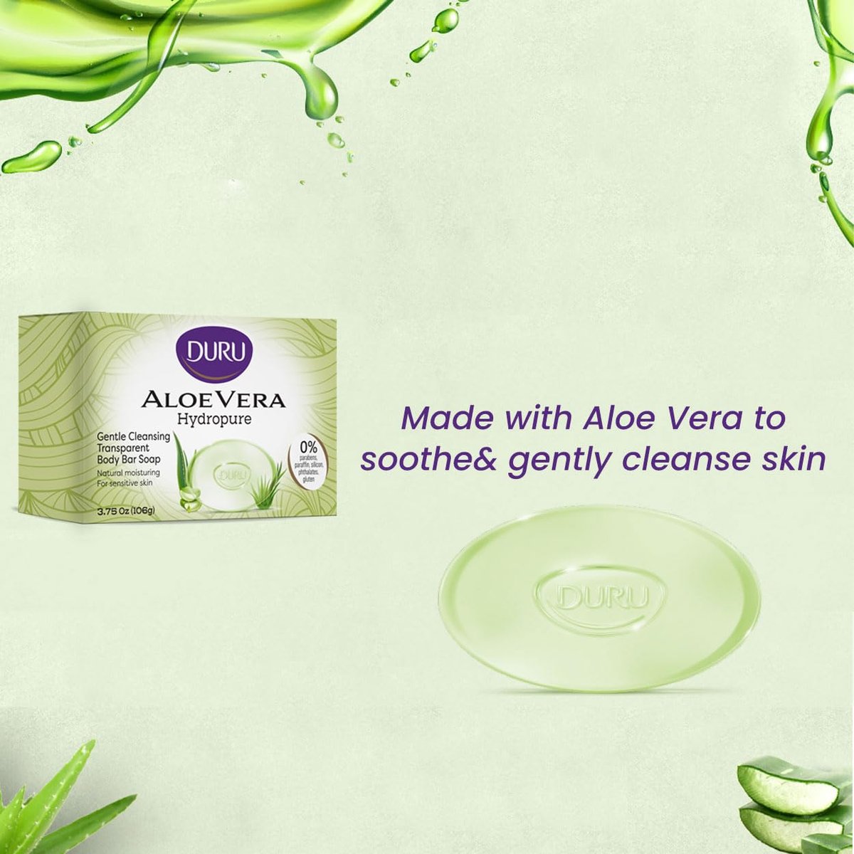 Duru Aloe Vera Glycerin Bar Soap - Vegan Transparent Cleansing Bar, Moisturizing Sensitive Skin Wash for Women and Men, Plant Based - 3 Pack - görsel 7