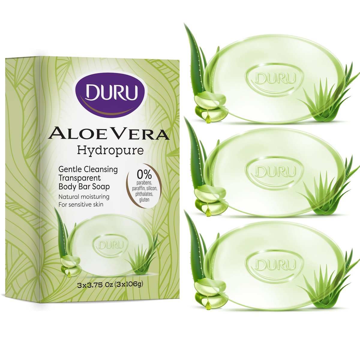 Duru Aloe Vera Glycerin Bar Soap - Vegan Transparent Cleansing Bar, Moisturizing Sensitive Skin Wash for Women and Men, Plant Based - 3 Pack - görsel 2