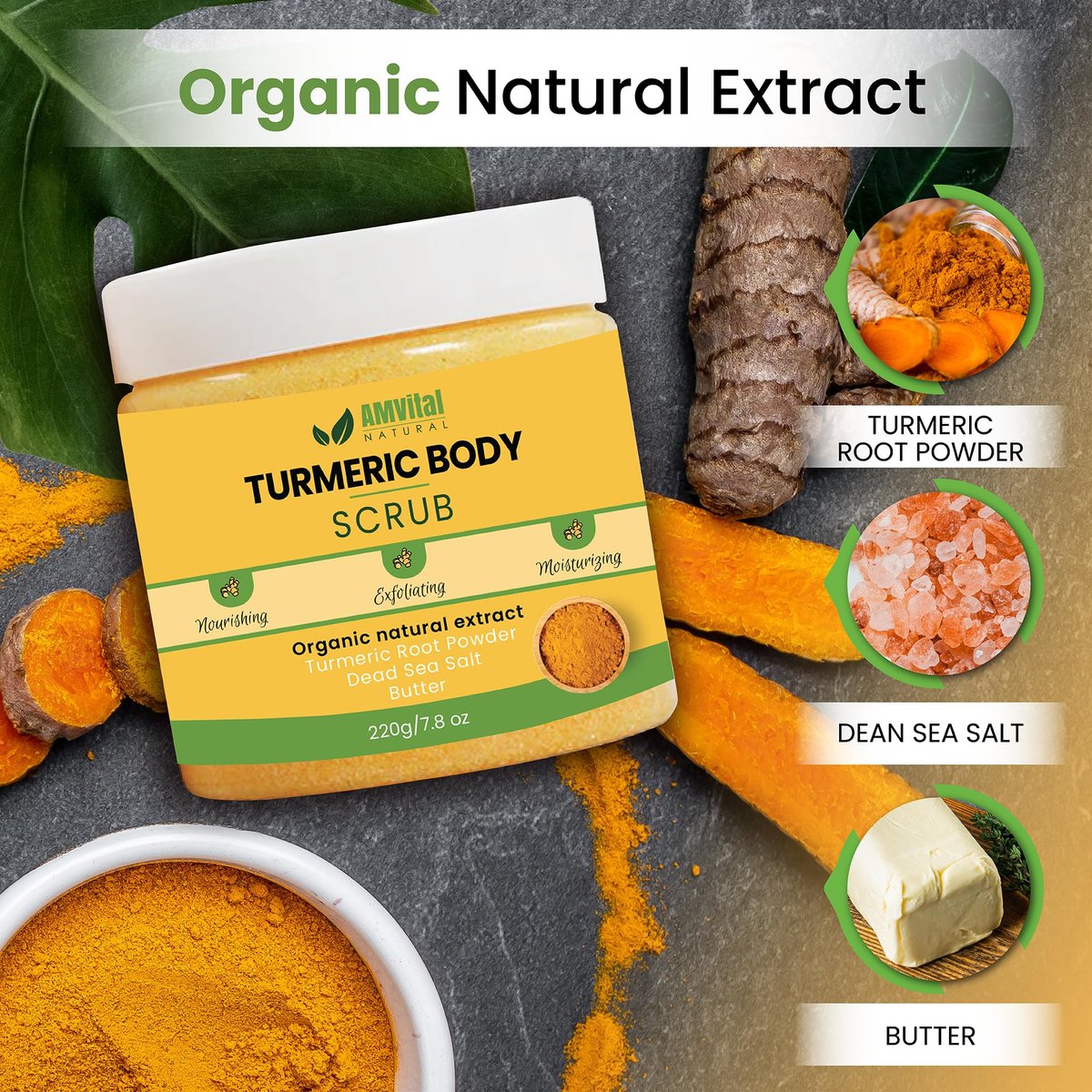 AMVital Turmeric Body Scrub - Handmade Natural Scrub for Body, Face, Hands, and Feet - Suitable for All Skin Types (7.8 oz) - görsel 9