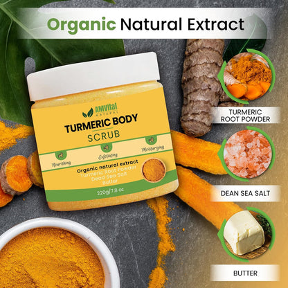 AMVital Turmeric Body Scrub - Handmade Natural Scrub for Body, Face, Hands, and Feet - Suitable for All Skin Types (7.8 oz)